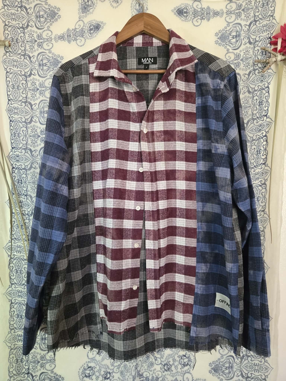 BoohooMAN L Patchwork Plaid Shirt Grunge Streetwear Boho Blokecore Graphic Butto - Picture 5 of 9